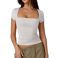 Women's Square Neck Tank Top Solid Basic Summer Casual Crop Top Short Sleeve Sexy Slim Fit Going Out Top