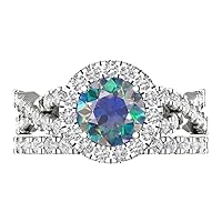 Clara Pucci 2.15ct Round Cut Halo Solitaire Blue Moissanite Engagement Promise Anniversary Bridal Designer Ring Band set 18K White Gold