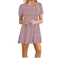 Womens Short Sleeve Striped Rainbow Color Block Shirt Dresses for 2024 Knee Length Short Dress Casual Loose Fit