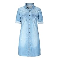Women's Button-Down Washed Faded Long Denim Shirt Blouse Dress