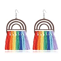 Unique Bohemian Colorful Rainbow Wooden Tassel Dangle Earrings Handmade Exaggeration Weaving Ethnic Tassel Leaf Pendant Earrings for Women Teen Girls Vintage Jewelry