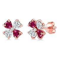Gem Stone King 18K Rose Gold Plated Silver Red Created Ruby White Moissanite and White Lab Grown Diamond Earrings For Women | 2.15 Cttw | Gemstone July Birthstone | Heart Shape 4MM