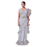 Indian Chinon & Organza Frill Sari Pre Stitched 1 Minute Saree stitched blouse 8875