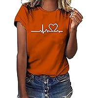Crew Neck T-Shirt for Women Casual Graphic Tee Tops Short Sleeve Heart Print Blouses Soft Comfort Tshirt Trendy Top