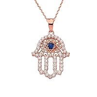 CHIC DIAMOND & BLUE SAPPHIRE HAMSA PENDANT NECKLACE IN ROSE GOLD - Gold Purity:: 10K, Pendant/Necklace Option: Pendant With 18