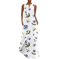Women's Plus Size Boho Floral Printed Dress Beach Vintage Sleeveless V Neck Irregular Hem Tunic Maxi Dresses
