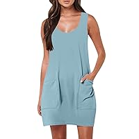 Teen Girl Summer Dresses Beach Dress for Women 2024 Solid Color Classic Simple Loose Casual with Sleeveless Round Neck Pockets Dresses Light Blue XX-Large