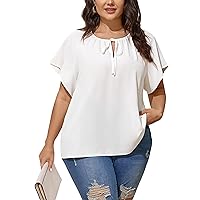 Plus Size Blouses for Women V Neck Short Sleeve Summer Tops Drawstring Blouse Loose Casual Flowy Shirts