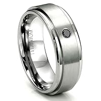 Titanium 8mm Solitaire Black Diamond Wedding Ring w/Brush Center
