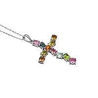 Natural Multi Tourmaline 5X4 MM Oval Cut Holy Cross Pendant Necklace 925 Sterling Silver October Birthstone Tourmaline Jewelry Birthday Gift For Her (PD-8391)