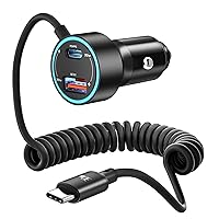60W Car Charger USB C,toocki 3-Port Cigarette Lighter USB Charger PD & QC3.0 with 30W Type C Coiled Cable,Fast Car Charger Adapter for iPhone 15/Pro/Plus/Max/Samsung S23/Google Pixel,iPad Pro