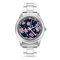Pink Cherry Blossom Fashion Wrist Watch Arabic Numerals Stainless Steel Quartz Watch Easy to Read