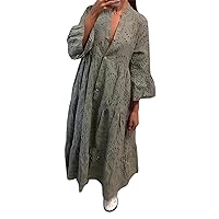 Women's Cutout Pattern Maxi Dress,3/4 Sleeve,Loose Style,Cotton Dress for Women(One Size)
