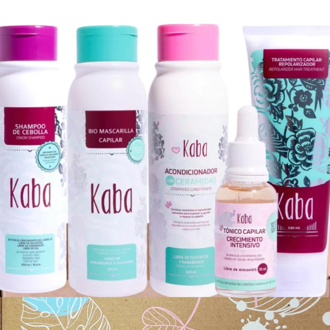 KABA Shampoo de Cebolla (Kit de 5 productos) KABA Biomascarilla KABA tónico capilar crecimiento Intensivo KABA Repolarizador Capilar KABA Acondicionador de ceramidas - (Incluye Caja Regalo)