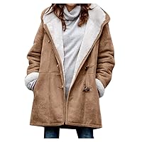 Womens Suede Winter Coats Oversized Horn Button Fleece Lined Jacket Hooded Toggle Coat Wool Overcoat Duffle Coat Outerwear