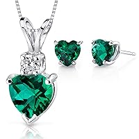 PEORA 14K White Gold Created Emerald Pendant and matching Earrings - Heart Shaped Created Emerald Diamond Pendant 1 Carat + Heart Shaped Created Emerald Stud Earrings 1.50 Carats