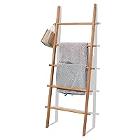 FUIN 58in Wood Blanket Ladder Living Room Decorative Wall Leaning Farmhouse Quilt Display Holder Rustic Wooden Towel Rack for Bathroom, Light Brown