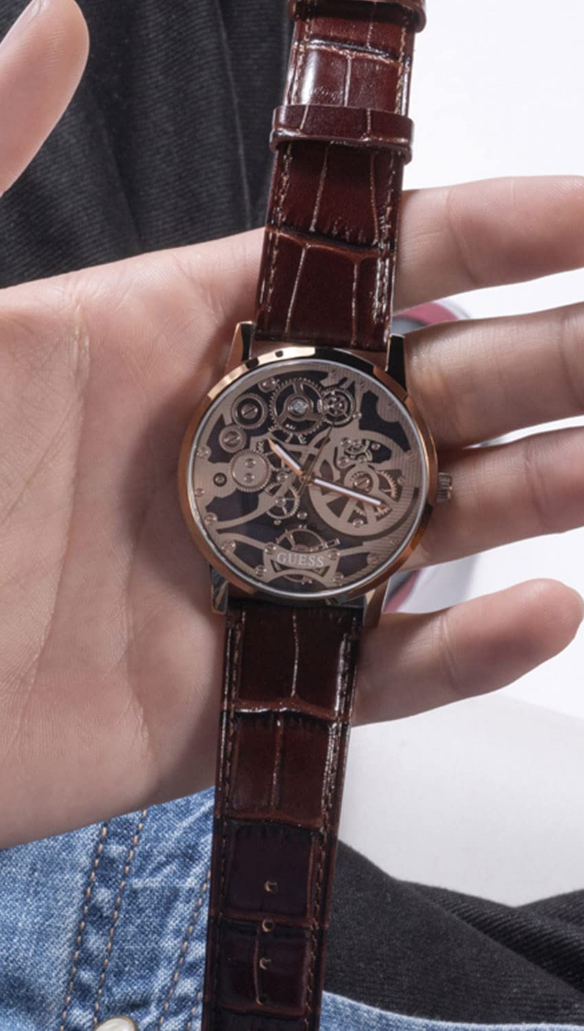 GUESS Men's 42mm Watch - Brown Strap Skeleton Dial Coffee Case
