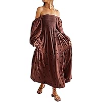 Women Floral Embroidered Maxi Dress Long Puff Sleeve Square Neck Bohemian Flowy Dress with Pockets Smocked Fall Dress
