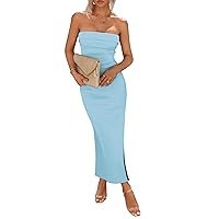 Summer Bodycon Dresses for Women 2024, Strapless Side Slit Long Maxi Tube Dress Ribbed Casual Elegant Party Dresses