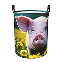 Rape flower pig Round waterproof laundry basket,foldable storage basket,laundry Hampers with handle,suitable toy storage