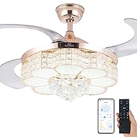 BAYSQUIRREL Retractable Crystal Ceiling Fan with Light, Remote and APP Control, 6 Speeds Reversible Blades, 3-Color LED Dimmable Chandelier Ceiling Fan with Color Temperature Memory 36W 42in