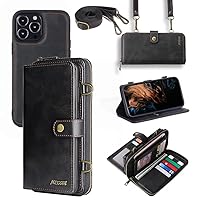 for iPhone 13 Pro Max Wallet Case, Multi-Function Detachable 3 in 1 Magnetic Phone Case Wallet, Flip Strap Zipper Card Holder Phone Case with Shoulder Straps for iPhone 13 Pro Max(Black)