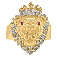 10k Yellow Gold Mens White Pink CZ Cubic Zirconia Simulated Diamond Crowned Lion Head Ring Jewelry for Men