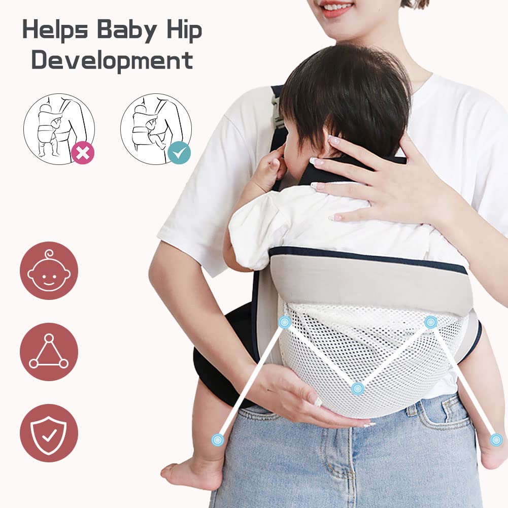 Baby Sling Carrier, Adjustable Baby Holder Carrier, Baby Half Wrapped Sling Hip Carrier, One Shoulder Labor-Saving, Natural Cotton with Breathable Mesh Fabric for Newborn to Toddler Up to 45lbs (Grey)