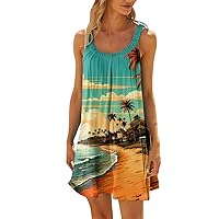 2024 Sleeveless Dress Womens Casual Round Neck Fashion Cute Mini Sling Dress Print Loose Weekend Beach Dresses