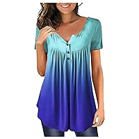 Summer Shirts for Women Casual Henley Neck Short Sleeve Trendy Regular Fit Gradient Womens Blouses and Tops Casual