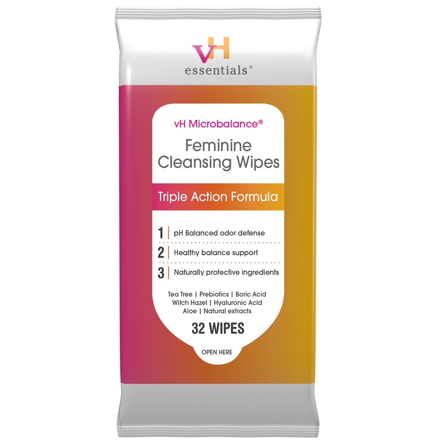 vH essentials Feminine Cleansing Wipes - pH Balanced, Prebiotics, Tea Tree & Aloe, Soothing Witch Hazel, Odor-Blocking Formula, Vaginal and Perianal Care, Paraben, Alcohol, and Fragrance-Free