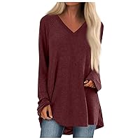 Womens Long Sleeve Tops Fall Winter Long Sleeved V-Neck Solid Color Casual Long Loose T-Shirt Top
