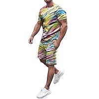 Summer Outfits Mens Regular-Fit Lightweight Short Sleeve T Shirts and Drawstring Shorts Breathable Sport Set