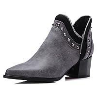 Women Rivet Cutout Ankle Bootie Pull-on Pointed Toe Chunky Heel Boot