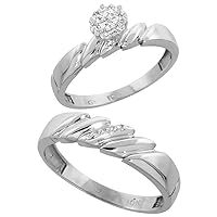 Genuine 10k White Gold Diamond Trio Wedding Sets for Him and Her Rice Links 3-piece 5mm & 4mm wide 0.10 cttw Brilliant Cut sizes 5-14