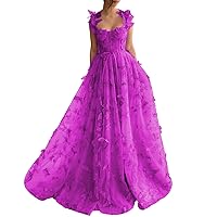 FANGHEIA Women's Lace Tulle Prom Dress 3D Butterflies Spaghetti Straps Formal Evening Gowns Sweetheart Floor Length Party Dress Fuchsia