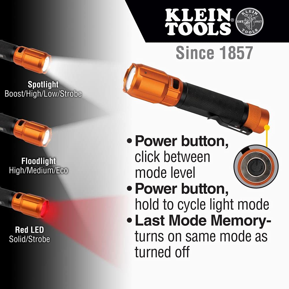 Klein Tools 56413 Rechargeable 2-Color LED Flashlight, Holster, Spotlight, Floodlight, Red LED, 1000 Lumens, USB Cable, Camping, Hunting