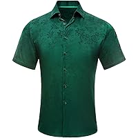 Hi-Tie Men's Hunter Green Dress Shirt Woven Silk Floral Short Sleeve Regular Fit Jacquard Turn Down Collar Shirt Party Hawaiian(Large)