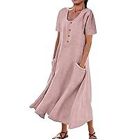 Women's Plus Size Short Sleeve Casual Cotton Linen Long Dress Crew Neck Button Summer Maxi Dress Loose Beach Dress