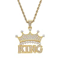 Hip Hop Stainless Steel Cubic Zirconia Iced Out King Crown Pendant Necklace for Men Women Twist Rope Chain 24''