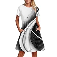 Casual Beach Dress for Women 2024 Summer Short Sleeve Round Neck Midi Printed Dresses with Two Pockets