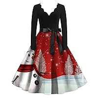 Winter Dresses for Women 2024 Christmas Dress Black V-Neck Casual Slim Print Long Sleeve Hepburn Midi Dress Holiday