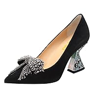 FSJ Women Cute Rhinestone Bow Pointed Toe Pumps Gorgeous Crystal Heel Slip On Chunky for Party Wedding Dress Shoes Size 4-16 US