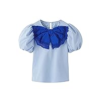 OYOANGLE Girl's Bow Knot Round Neck Puff Sleeve T Shirt Button Back Solid Tee Tops