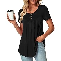 POPYOUNG 2024 Women's Spring-Summer Casual Short Sleeve Tunic Tops Ruffle Button Loose Blouse T-Shirts with leggings