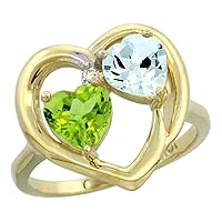 14K Yellow Gold Diamond Two-Stone Heart Ring 6mm Natural Peridot & Aquamarine, Sizes 5-10