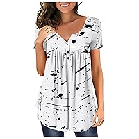 Womens Tops,Short Sleeve Sexy V-Neck Plus Size Tunic Top Summer Button Printed Shirt Casual Trendy Tees Blouse