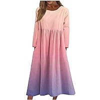 Long Sleeve Plus Size Midi Dress for Women Casual Print Smocked Crew Neck Loose Flowy Swing Flare Dress with Pocket
