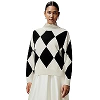LilySilk Womens Pure Merino Wool Jumper Ladies Oversize Black and White Checkered Sweater Basic Classic Pullover Casual